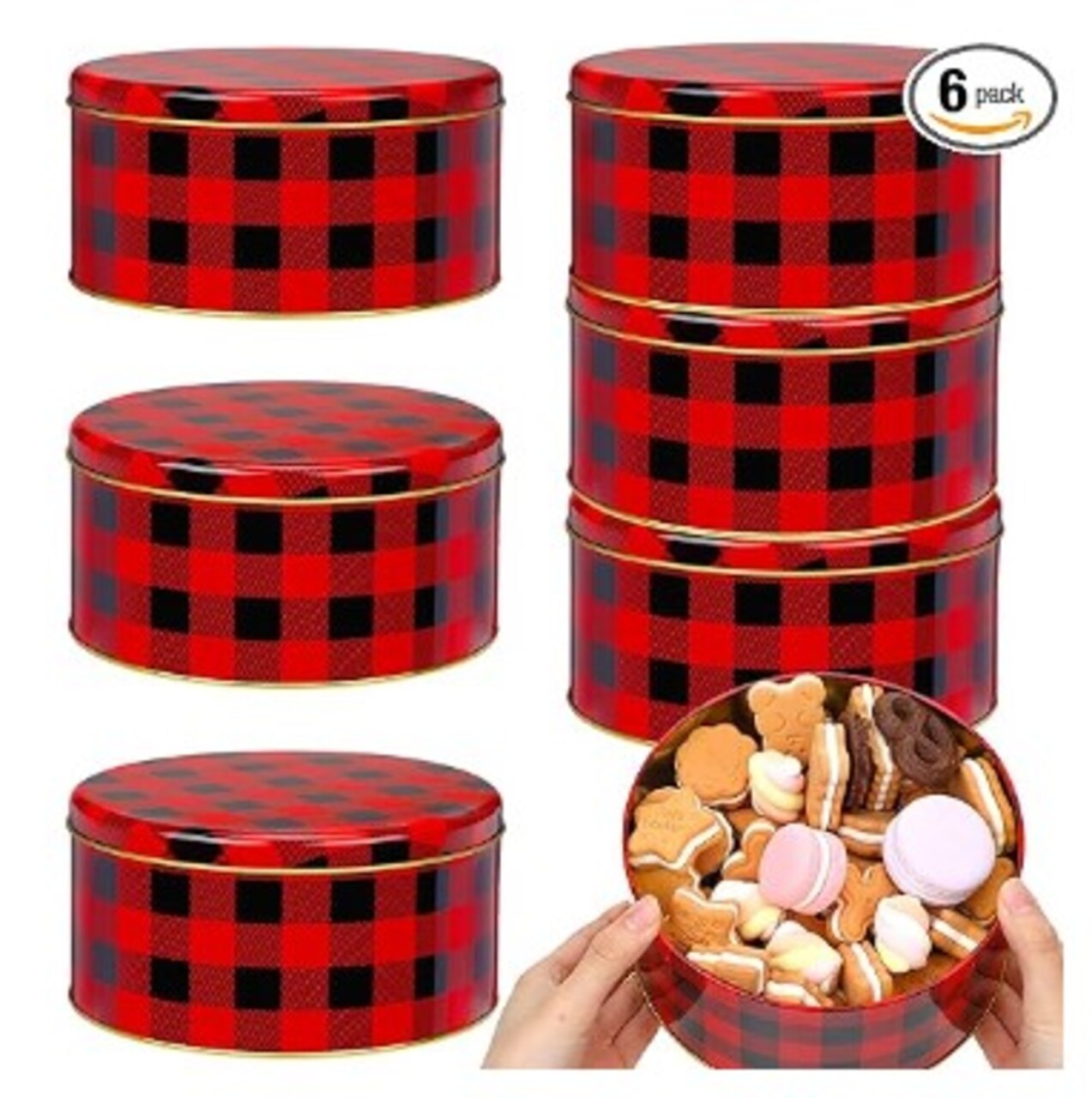 Round Metal Cookie Container 6 Pieces 7" Christmas Cookie Tins with Lids Chocolate Snack Storage Tin for Christmas Cookie Baking